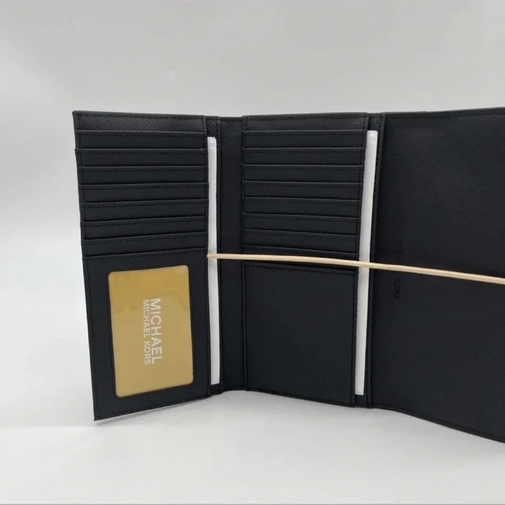Michael Kors Large Trifold Wallet Black Leather Rich Black/Gold